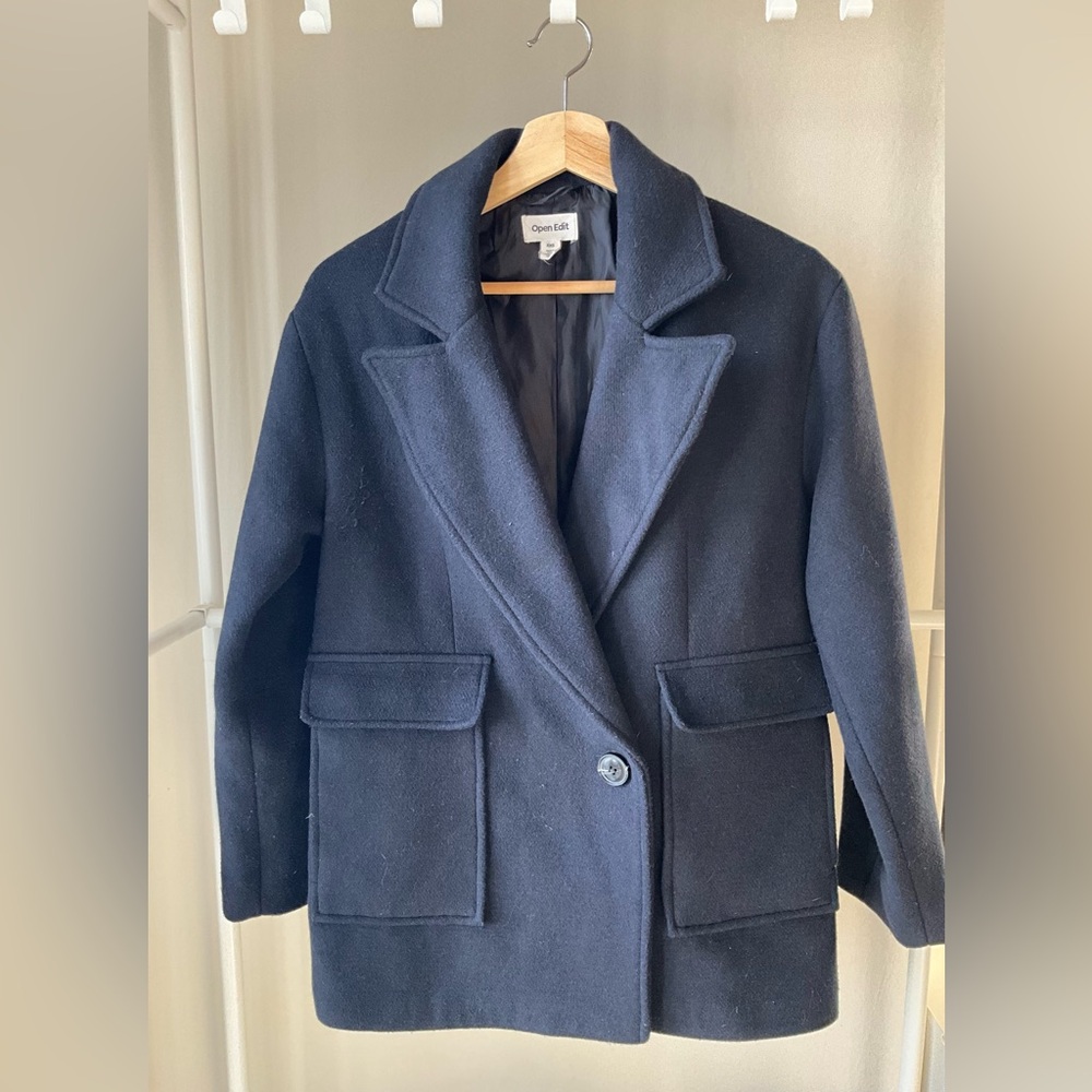 Open Edit double breasted navy peacoat